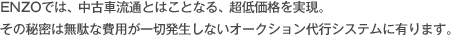 ENZOでは、中古車流通とはことなる、超低価格を実現。 その秘密は無駄な費用が一切発生しないオークション代行システムに有ります。