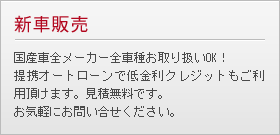 新車販売　国産車全メーカー全車種お取り扱いOK！ 提携オートローンで低金利クレジットもご利用頂けます。見積無料です。 お気軽にお問い合せください。